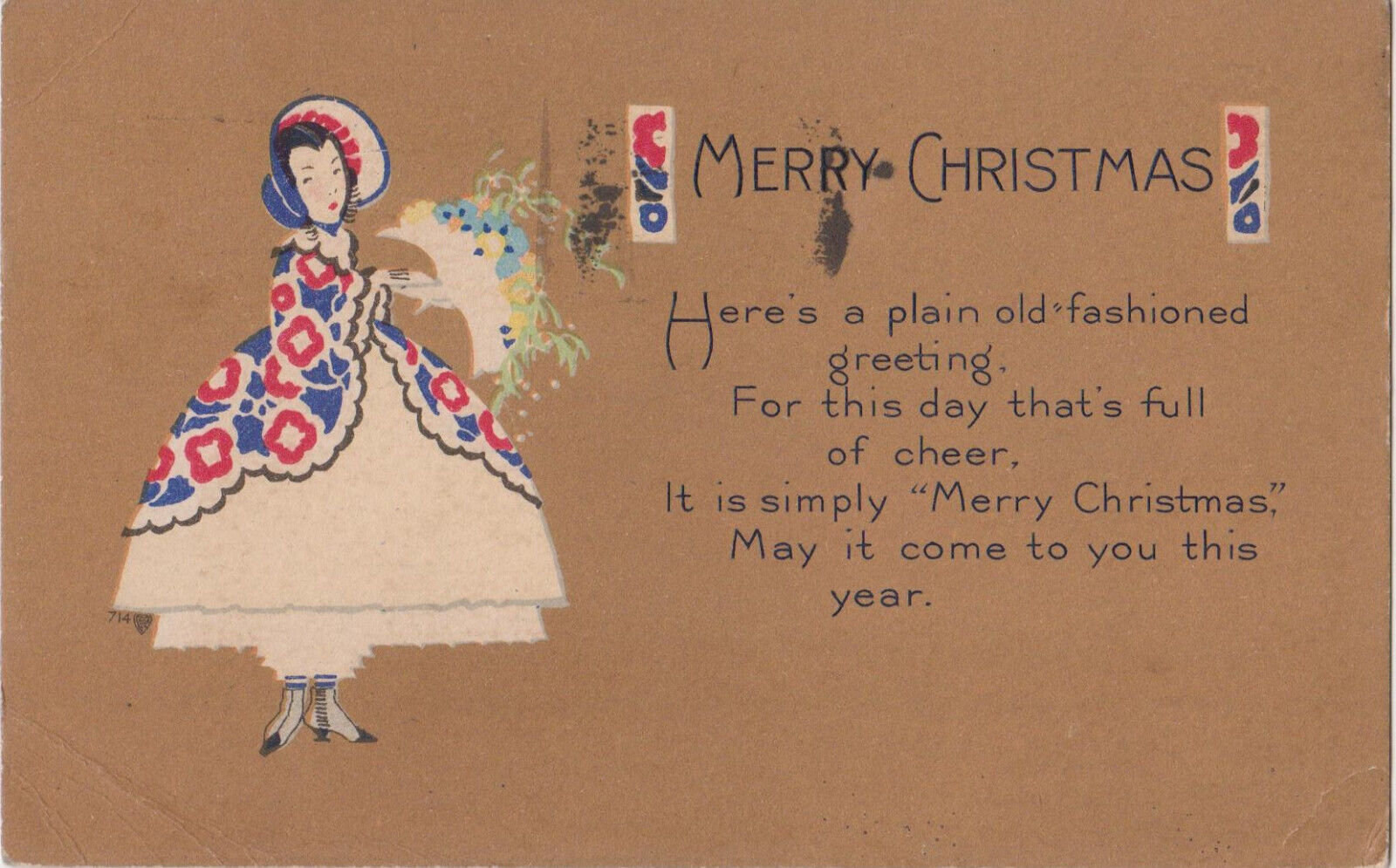 P. F. VOLLAND~1917~ART DECO~MERRY CHRISTMAS POSTCARD #714~PRETTY WOMAN~POSTED