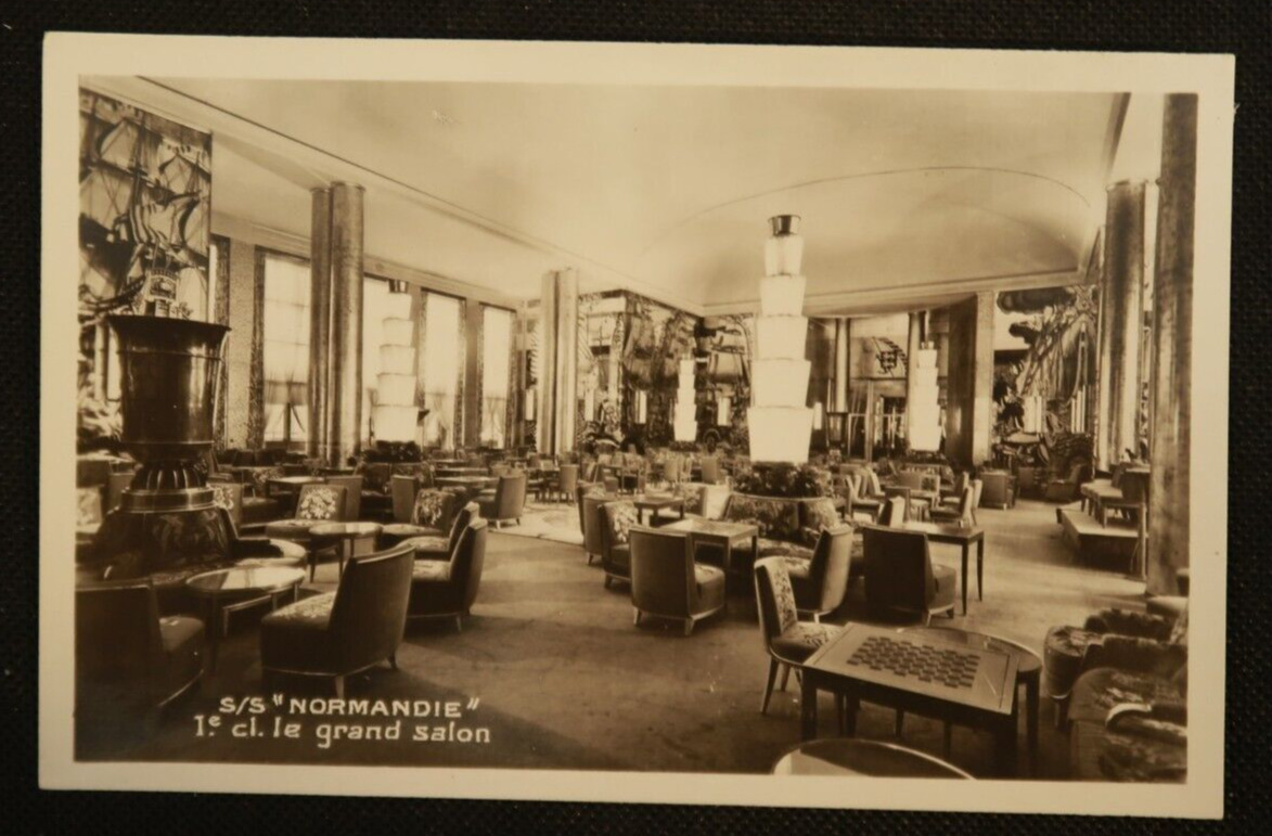 S.S. Normandie Normandy 1st Class Grand Salon Saloon Postcard RPPC Ocean Liner