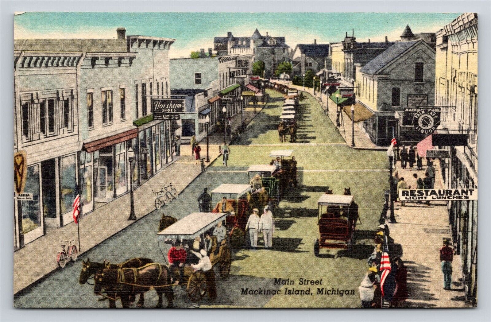 Mackinac Island MI Main Street View Store Signs Horse & Wagons Vtg Postcard 