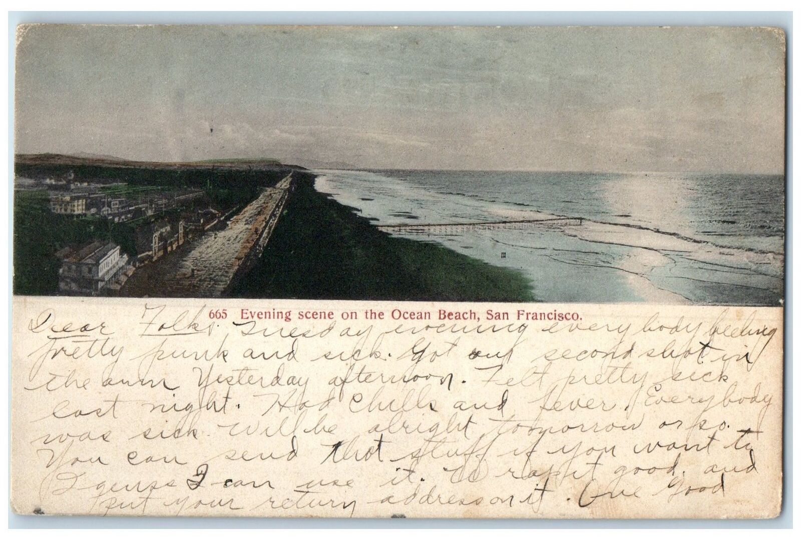 1915 Aerial View Evening Scene On Ocean Beach San Francisco California Postcard