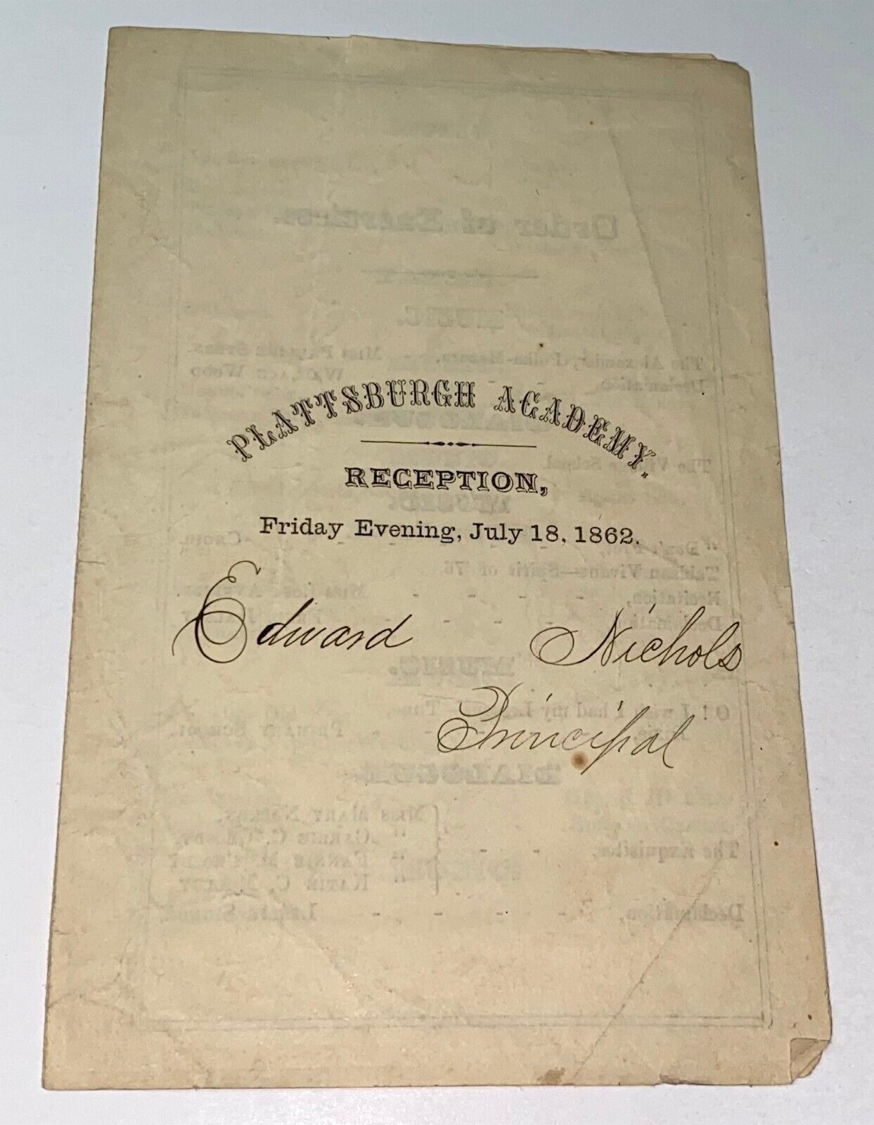Rare Antique American Civil War Plattsburgh Academy Reception Program 1862 NY