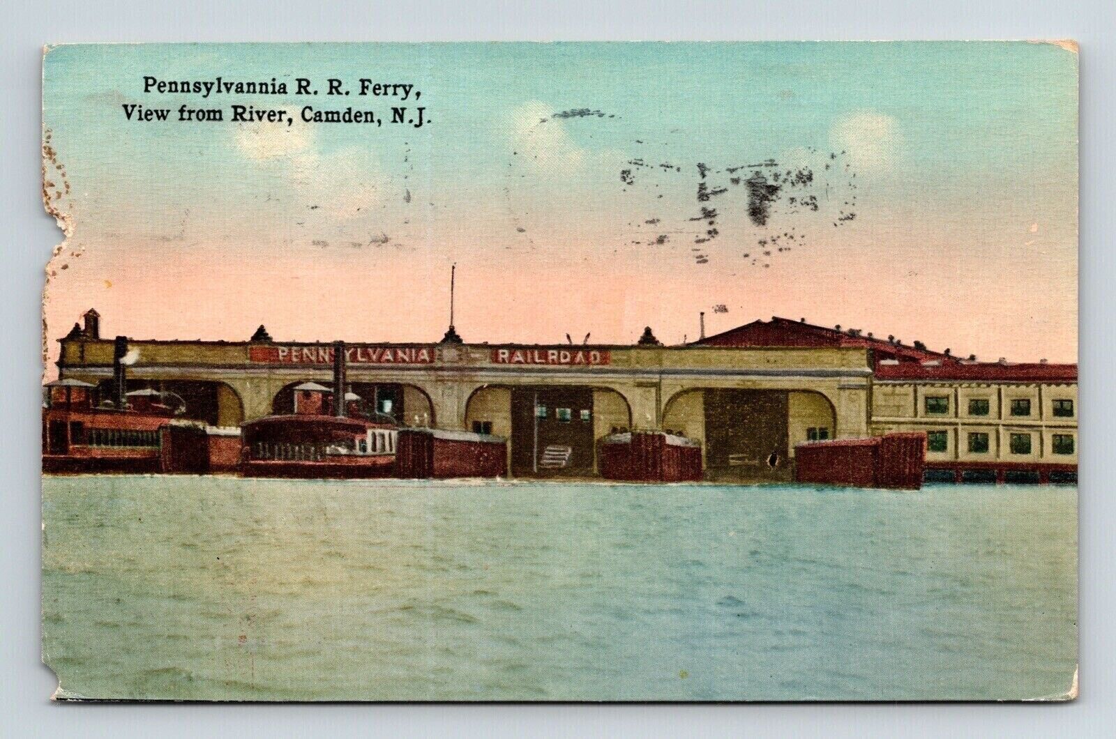 Pennsylvania RR Ferry River Camden New Jersey Boats Cancel 1916 Antique Postcard