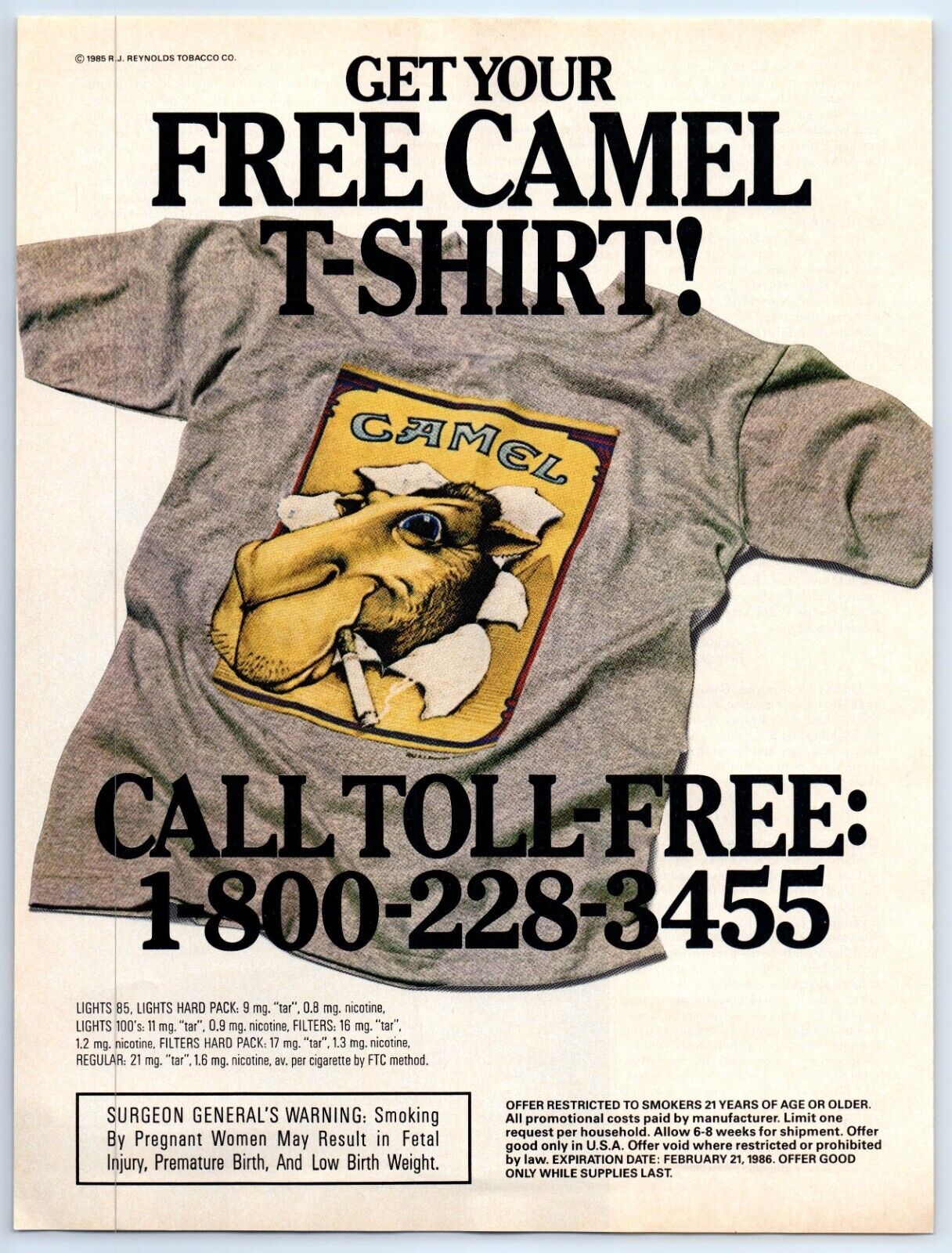 Camel Cigarettes Camel Smoking Promotional Tee Shirt 1986 Print Ad 8\