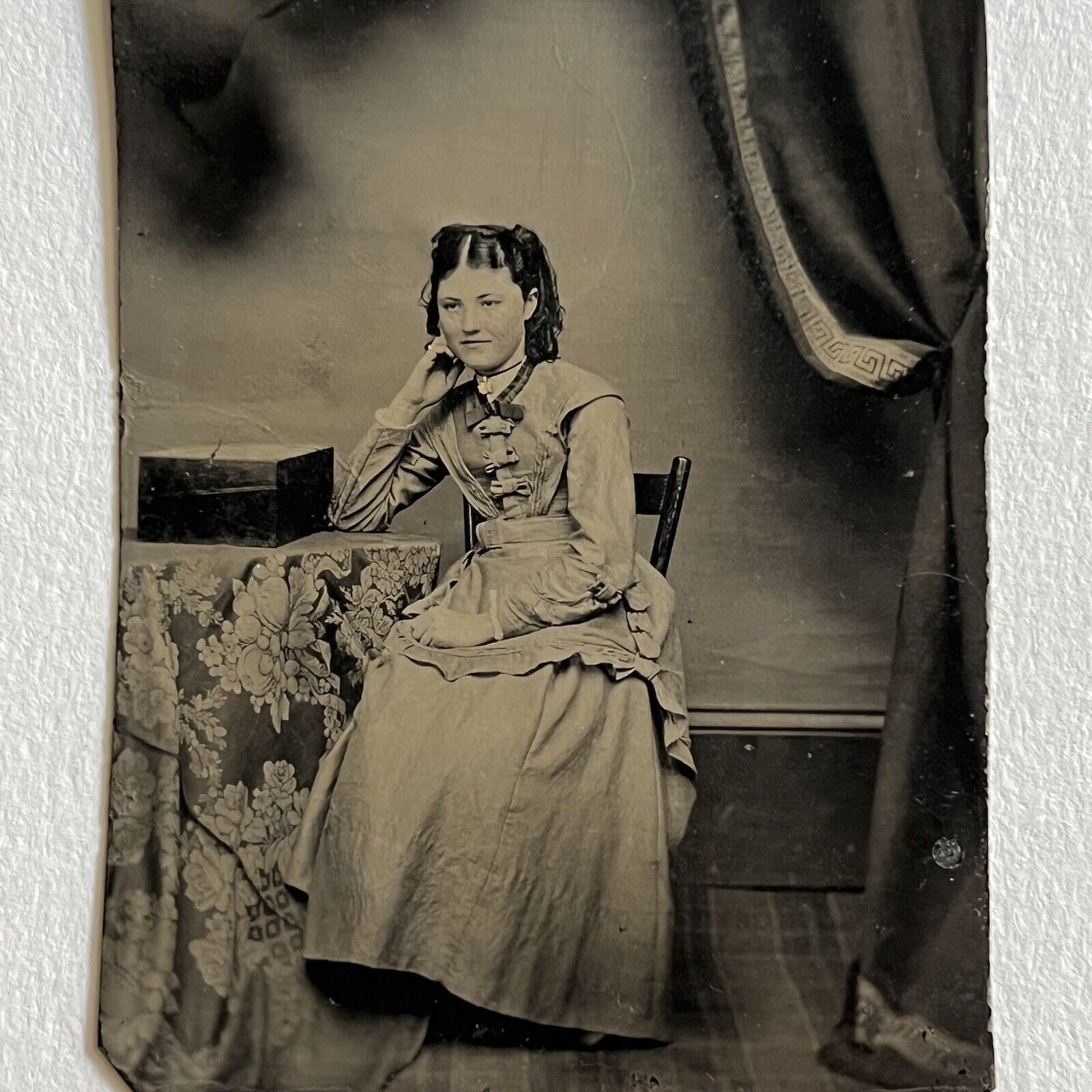 Antique Tintype Photograph Beautiful Young Woman Unknown Box On Table Curtain