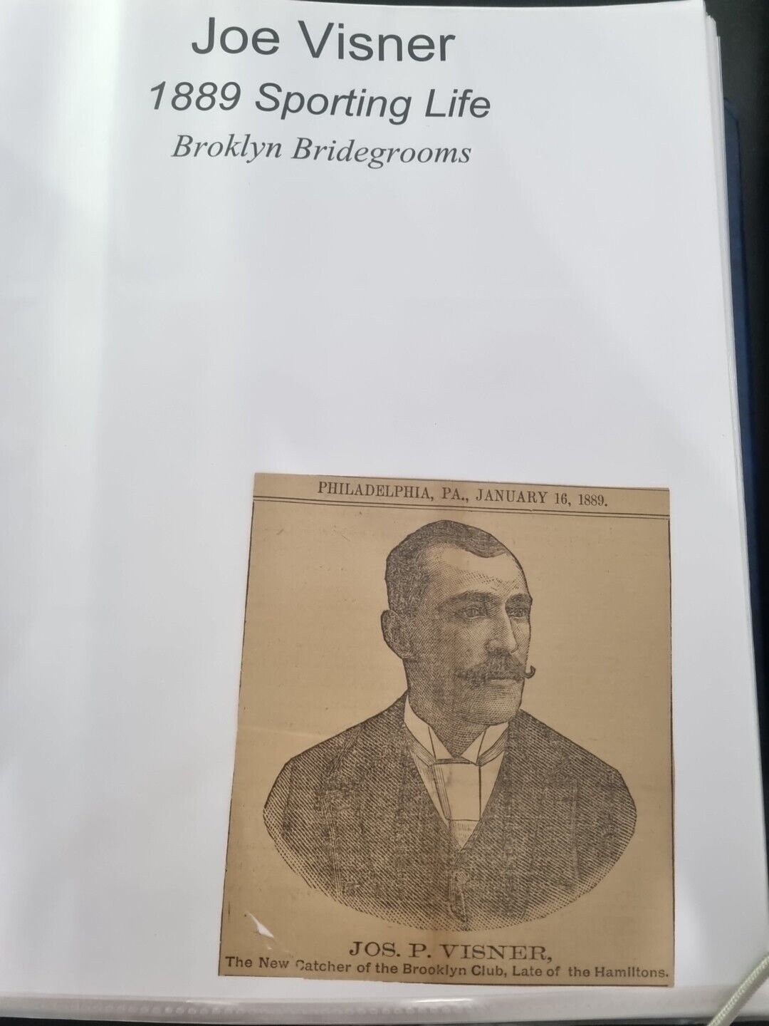 Joe Visner 1889 Sporting Life Brooklyn Bridegrooms Vintage Newspaper Clip