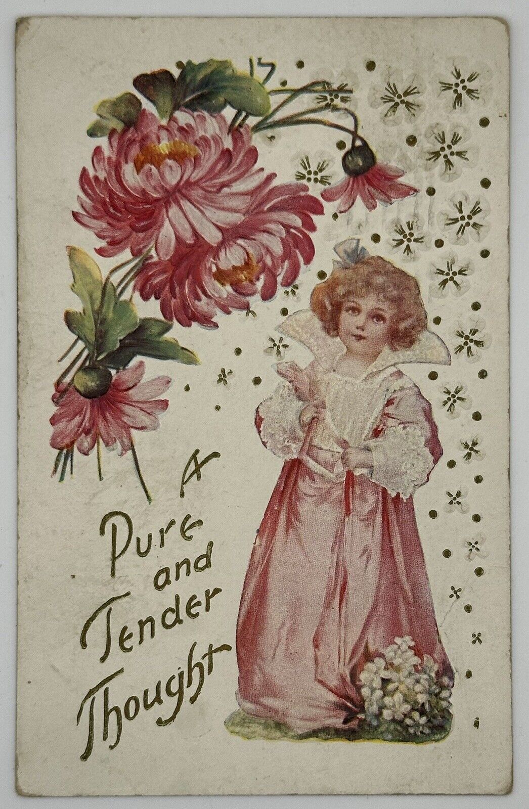 1907-1915 A Pure & Tender Thought Postcard Girl In Pink Dress & Pink Flowers