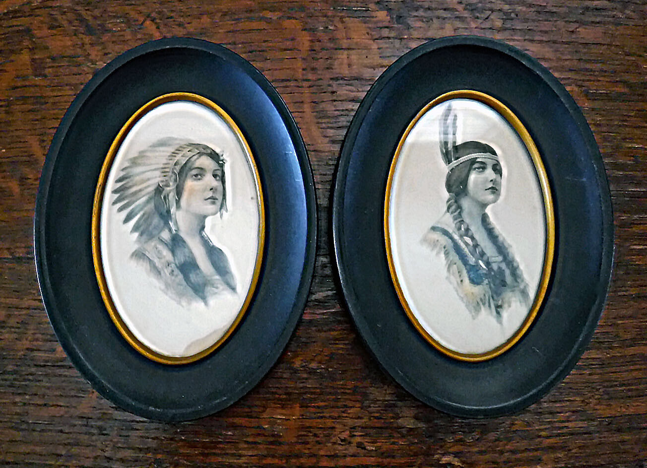 Pair Antique Vintage Native American Maiden Hand Tinted Photos Framed + Glass