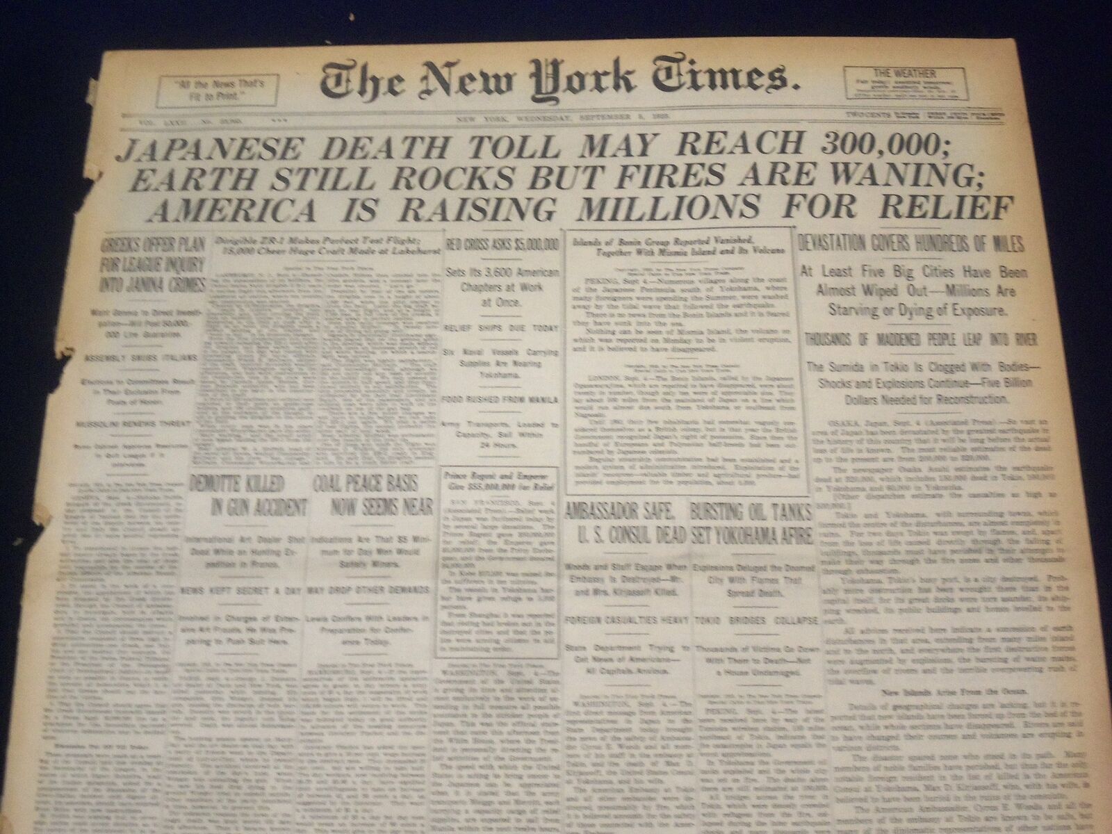 1923 SEP 5 NEW YORK TIMES - JAPANESE DEATH TOLL MAY REACH 300,000 - NT 9349