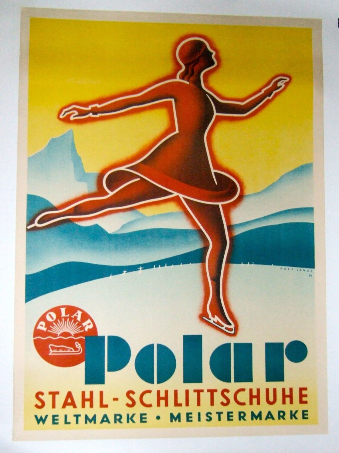 ORIGINAL 1930s Art Deco German Ice Skating Poster.  Linen-backed.