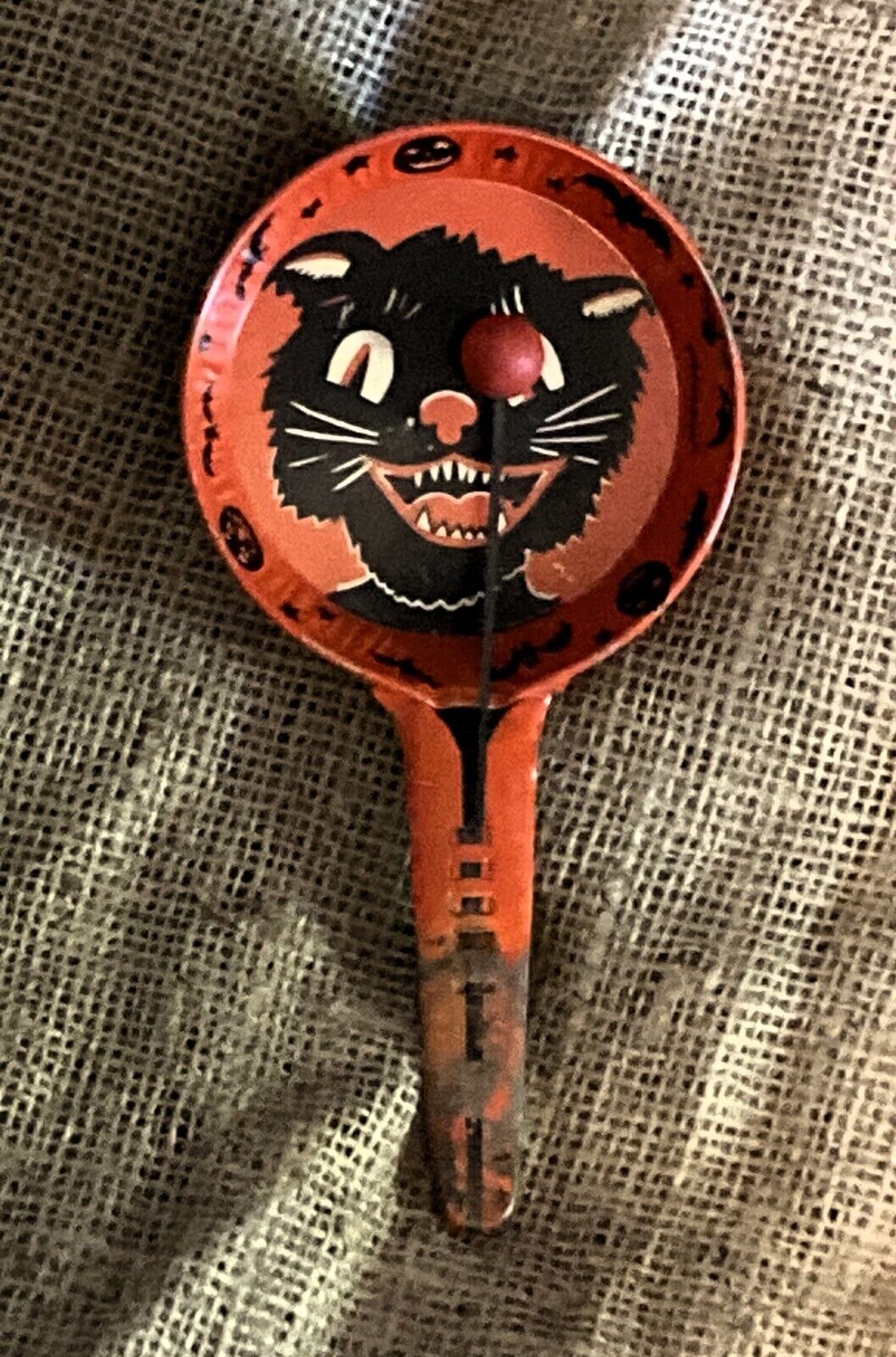 Vintage Tin Halloween Noise Maker Kirchhof Black Cat Clapper