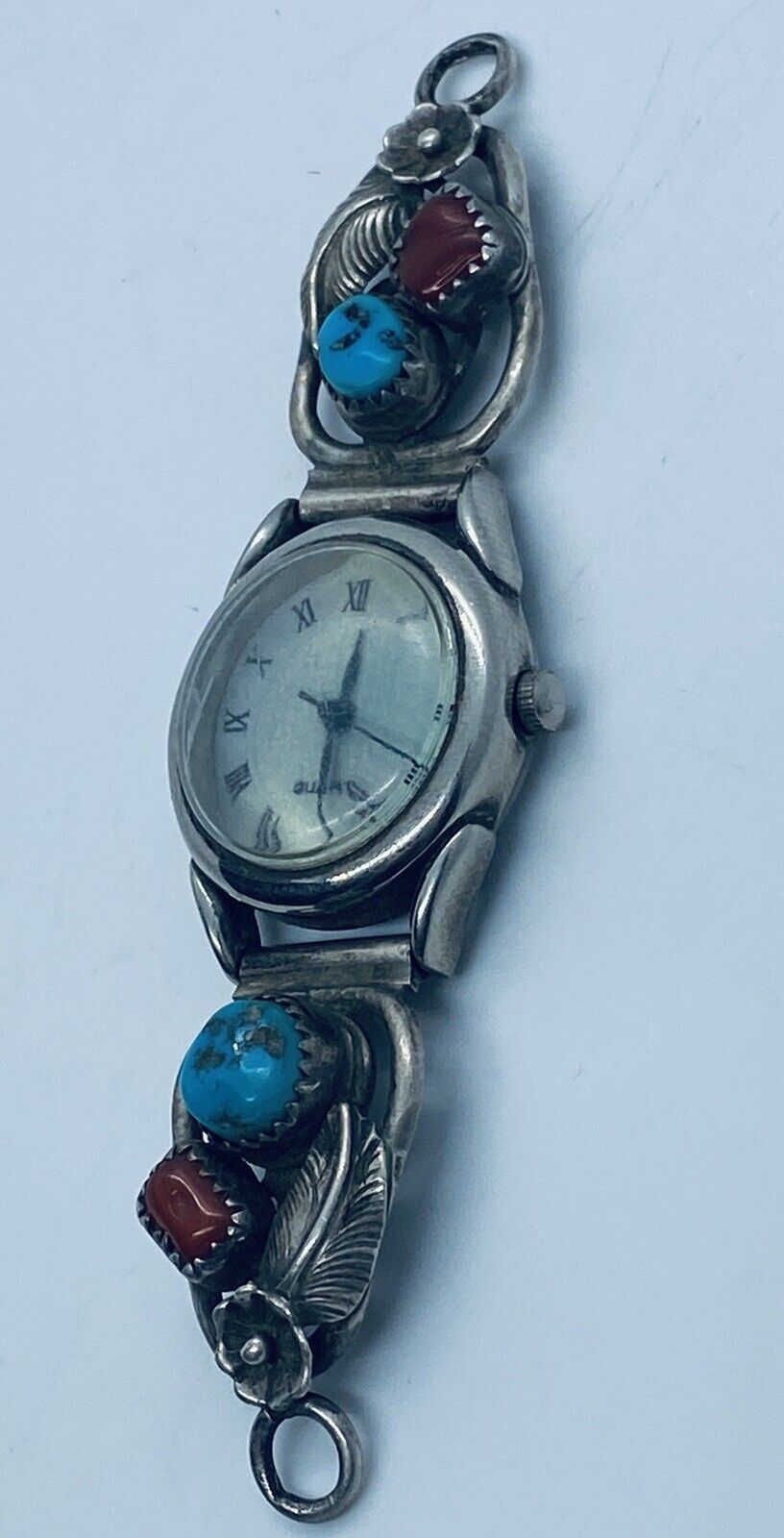 DONALD DOUGLAS Vintage Old Pawn Navajo Sterling Turquoise & Coral Cabochon Watch