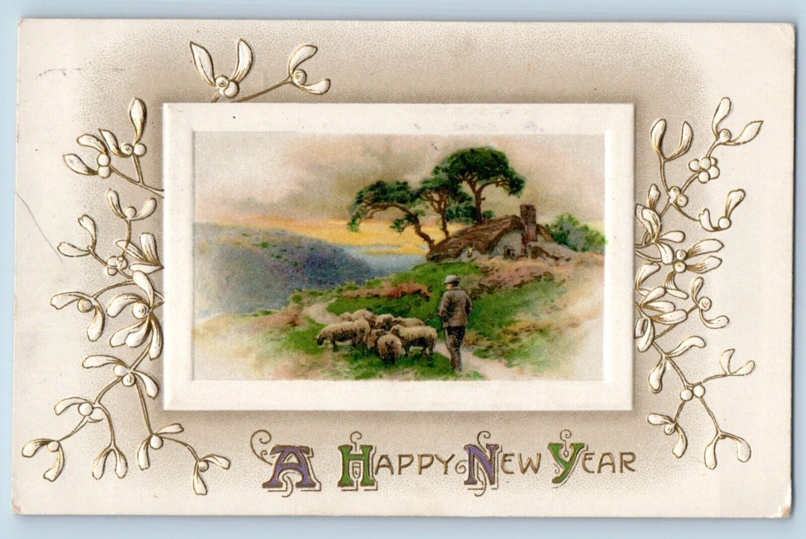 Merrill Ohio OH Postcard New Year Mistletoe Grazing Sheep Winsch Back 1909