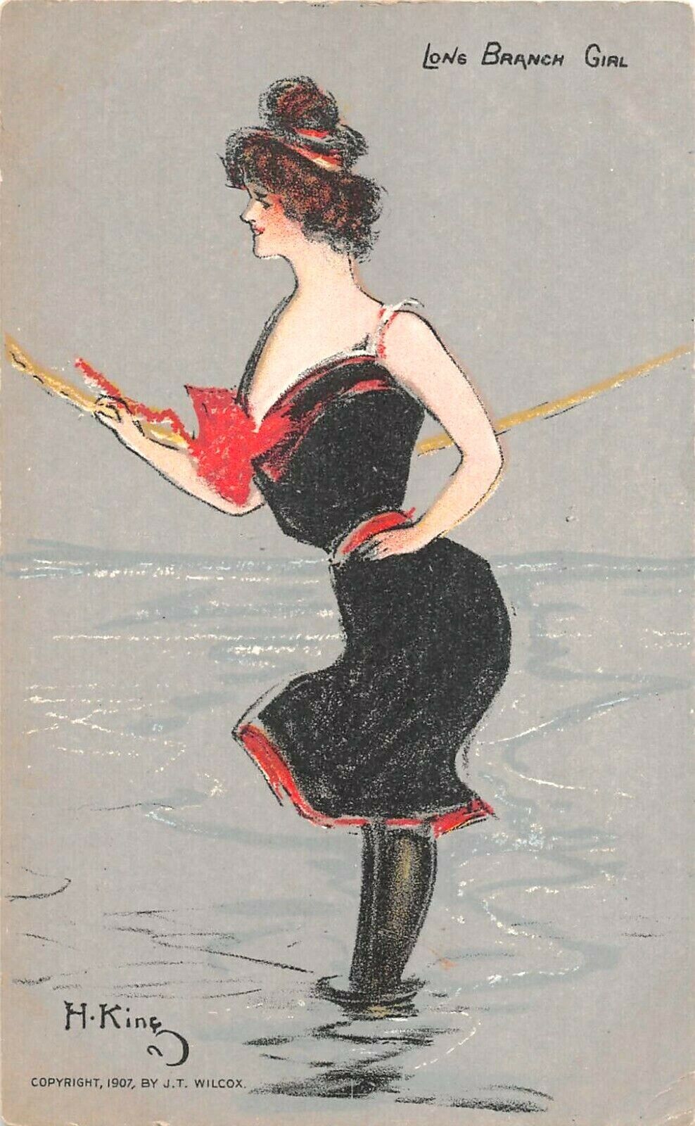 1907 artist sgd. H. King Bathing Long Branch Girl NJ post card