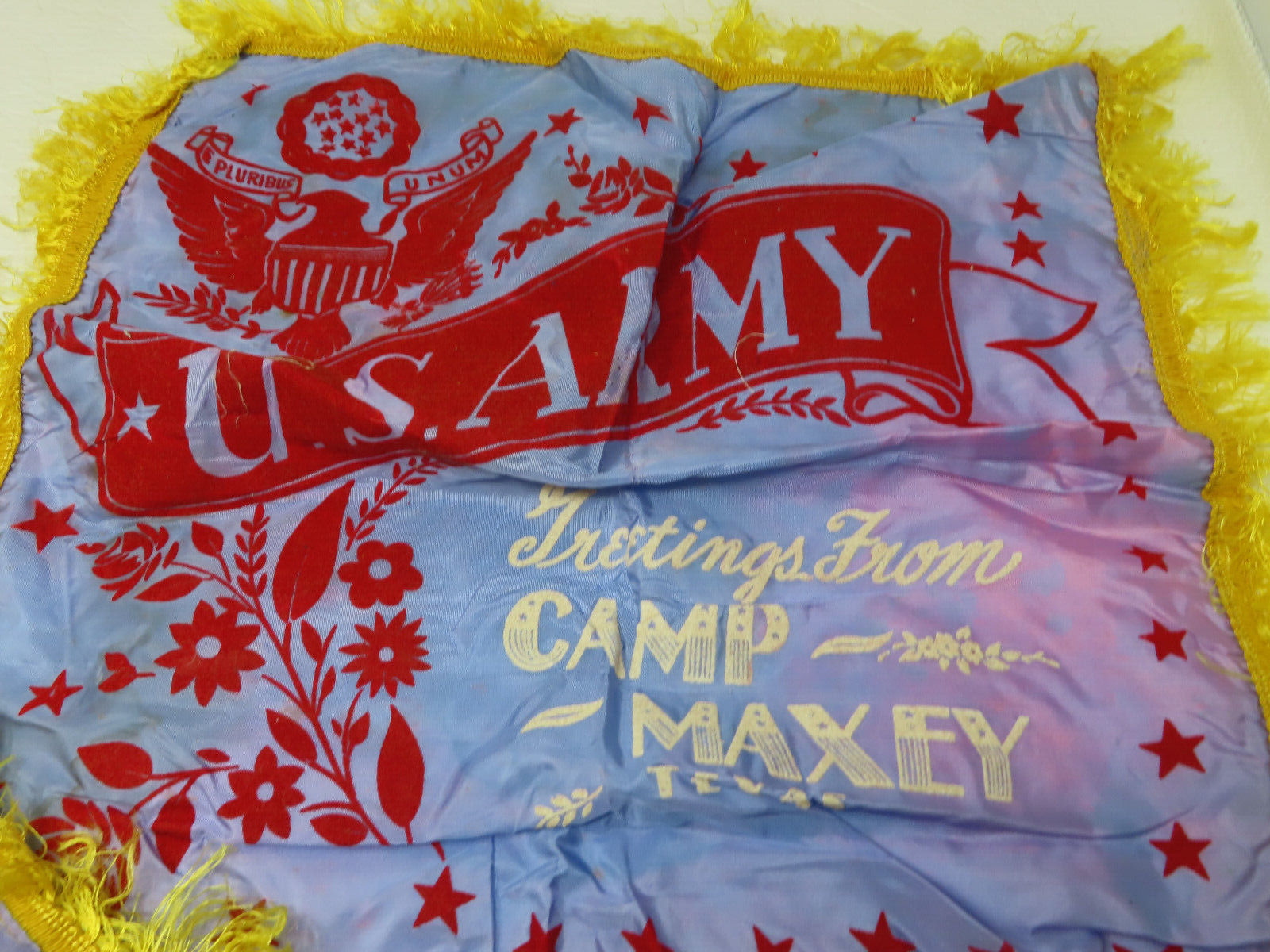 WWII Satin Sweetheart Pillow Case Topper US Army Camp Maxey TX Fringe Flocked