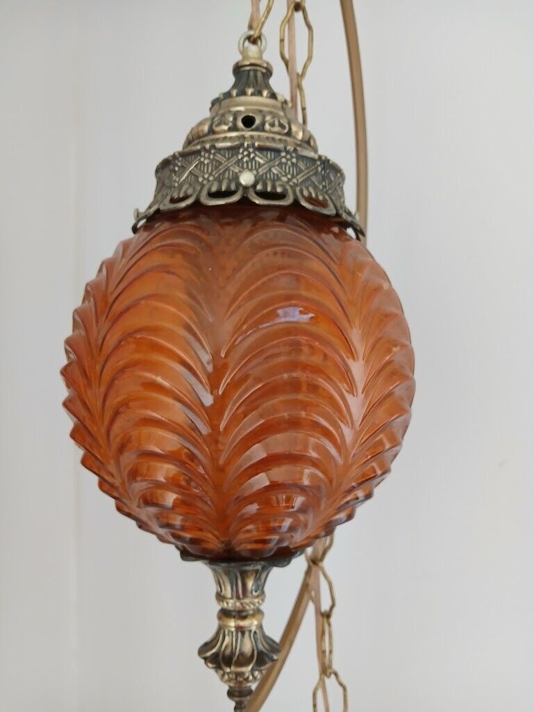 Vintage Round Amber Glass MCM Swag Lamp