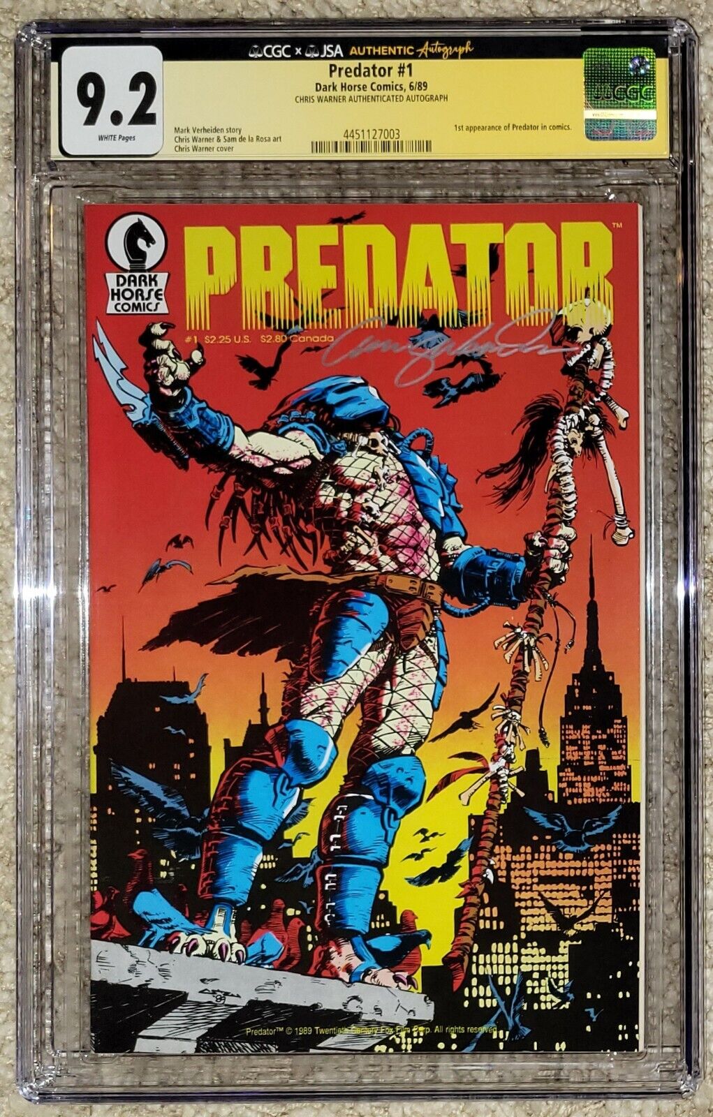 Predator #1 CGC  9.2 SIGNED By Chris Warner Dark Horse Comics 1st Print 