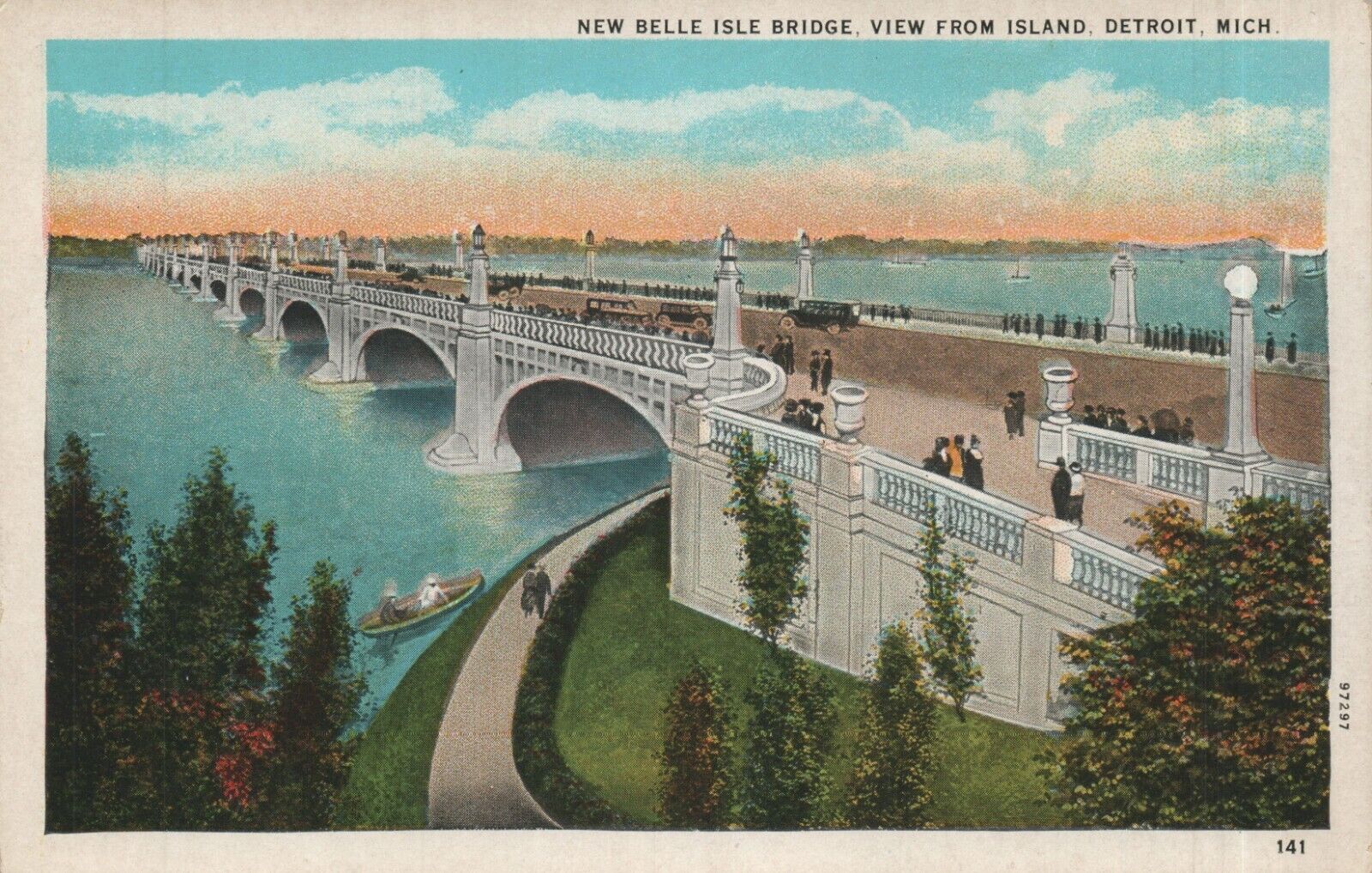 Detroit Michigan New Bell Isle Bridge Old Cars Boats People  View Postcard