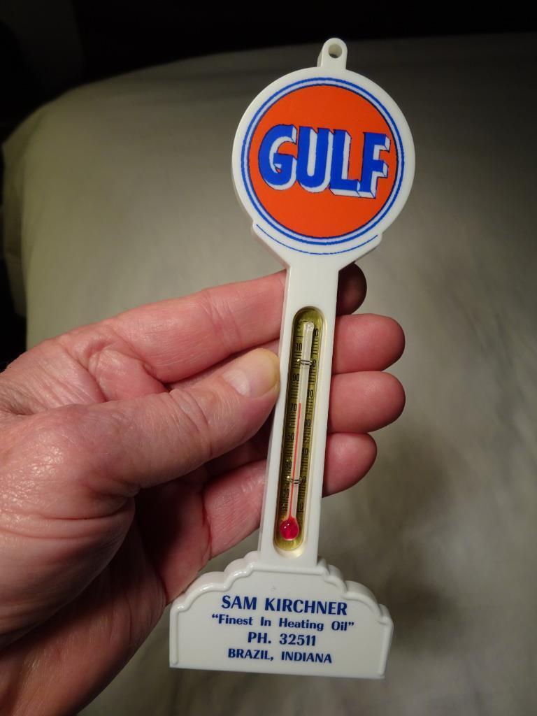 1950S-60s GULF GAS OIL NOS SIGN POST THERMOMETER Brazil Indiana