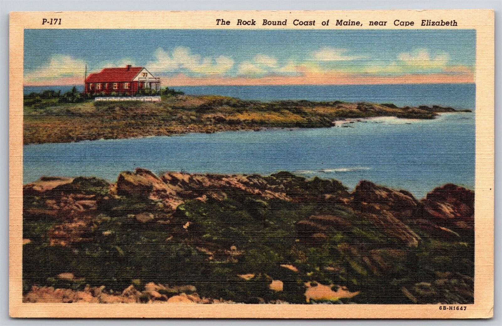 Postcard Rock Bound Coast of Maine near Cape Elizabeth linen P157