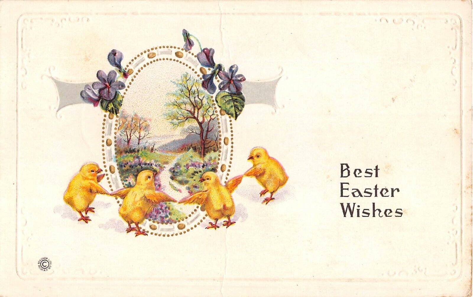 1916 Easter Postcard of Cute Chicks Dancing Around Rural Scene & Violets-507 D