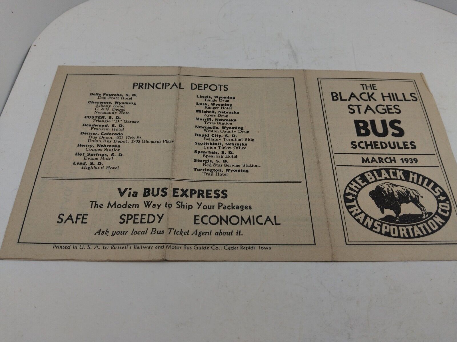 Vintage Bus Time Schedule 1939 Black Hills Stages 
