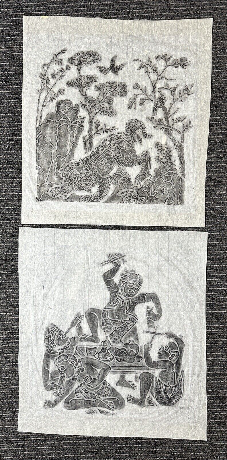 Vintage Angkor Wat Thai/Cambodian Temple Stone Rice Paper Rubbings (Lot Of 2)