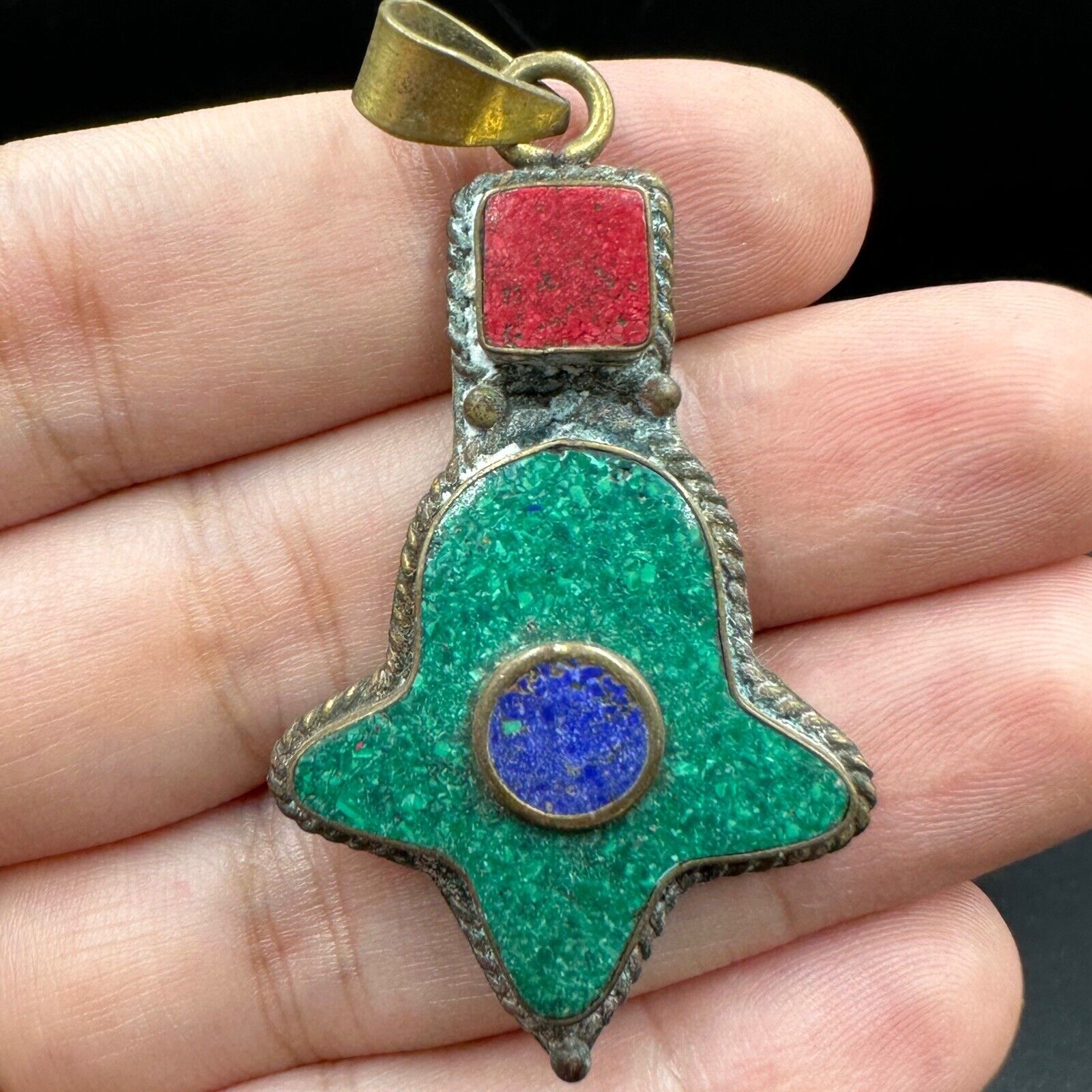 Beautiful Vintage Tibetan pendant with Malachite,  coral  and lapis stone