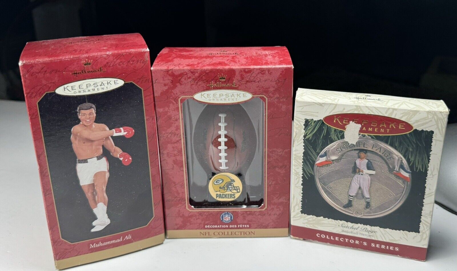Lot 3 Vintage Hallmark Sports Themed Ornaments 1996 Paige 1999 Ali 2000 Packers