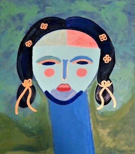 Oil Painting Woman Girl Semi-Abstract Face People Green Blue Pink Gold Medium US