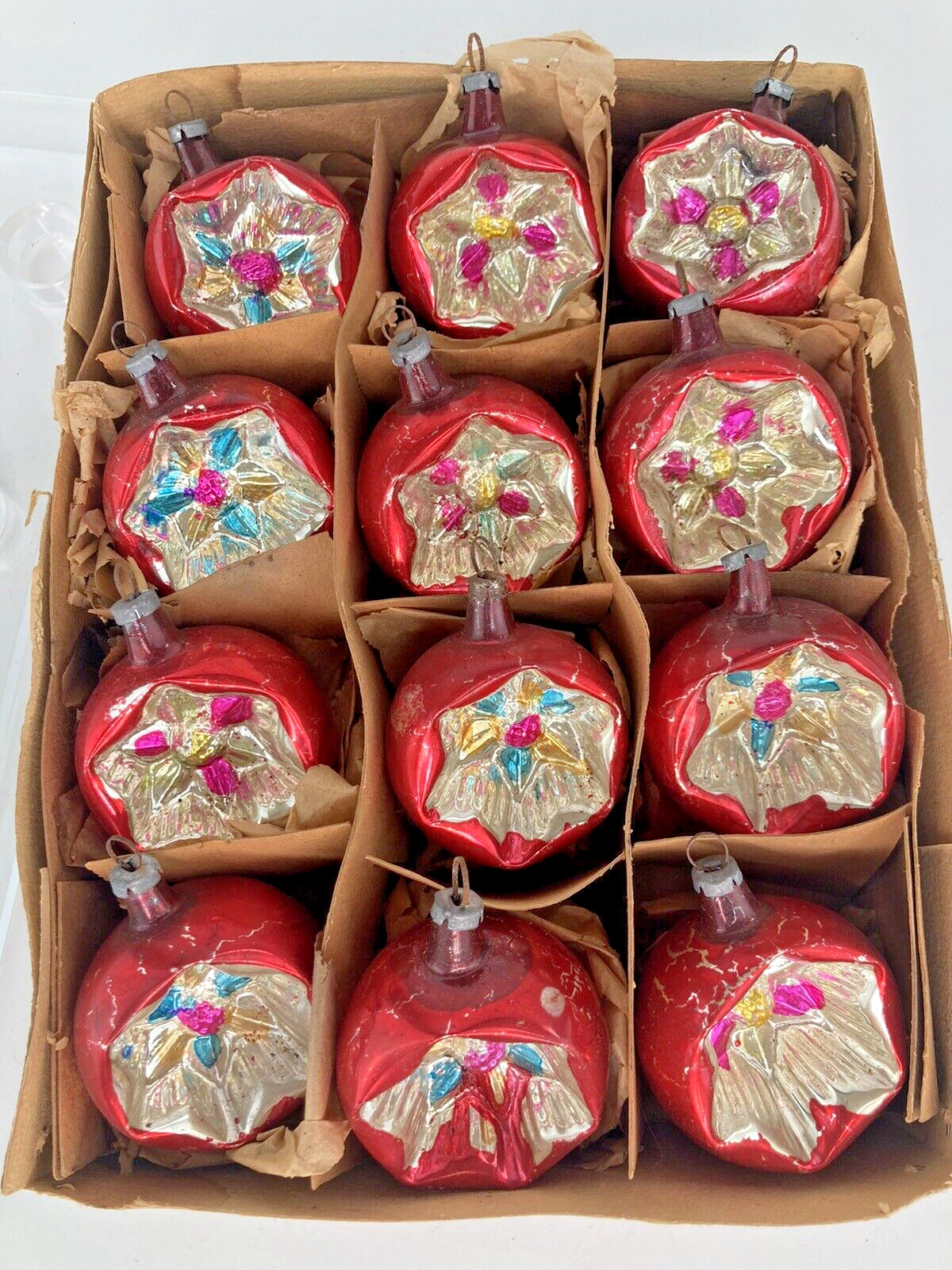 RARE Box of 12 Antique Mercury Glass Feather Tree Christmas Ornaments w/ Indents