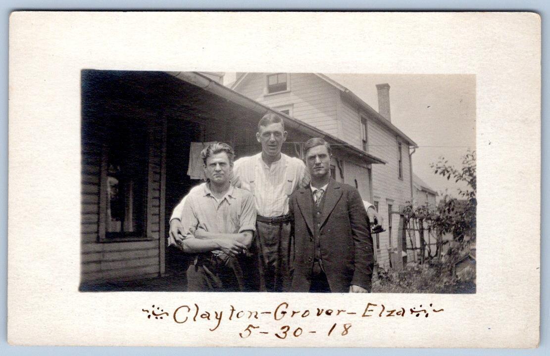 1910-1930's RPPC CLAYTON GROVER & ELZA 3 MEN IN FRONT OF A HOUSE PHOTO POSTCARD