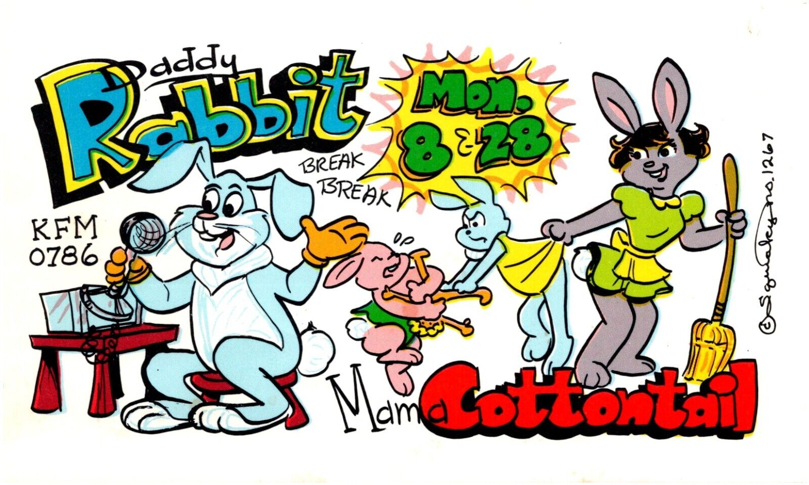 Squeaky QSL CB Radio Card #1267 Daddy Rabbit & Mama Cottontail KFM 0786 Comic