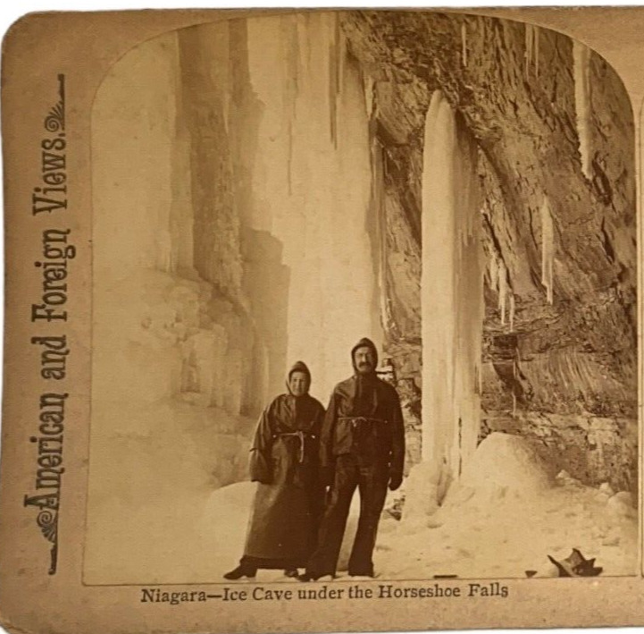 1895 NIAGARA HORSESHOE FALLS ICE CAVE Winter Zahner & Schira VTG Stereoview Card