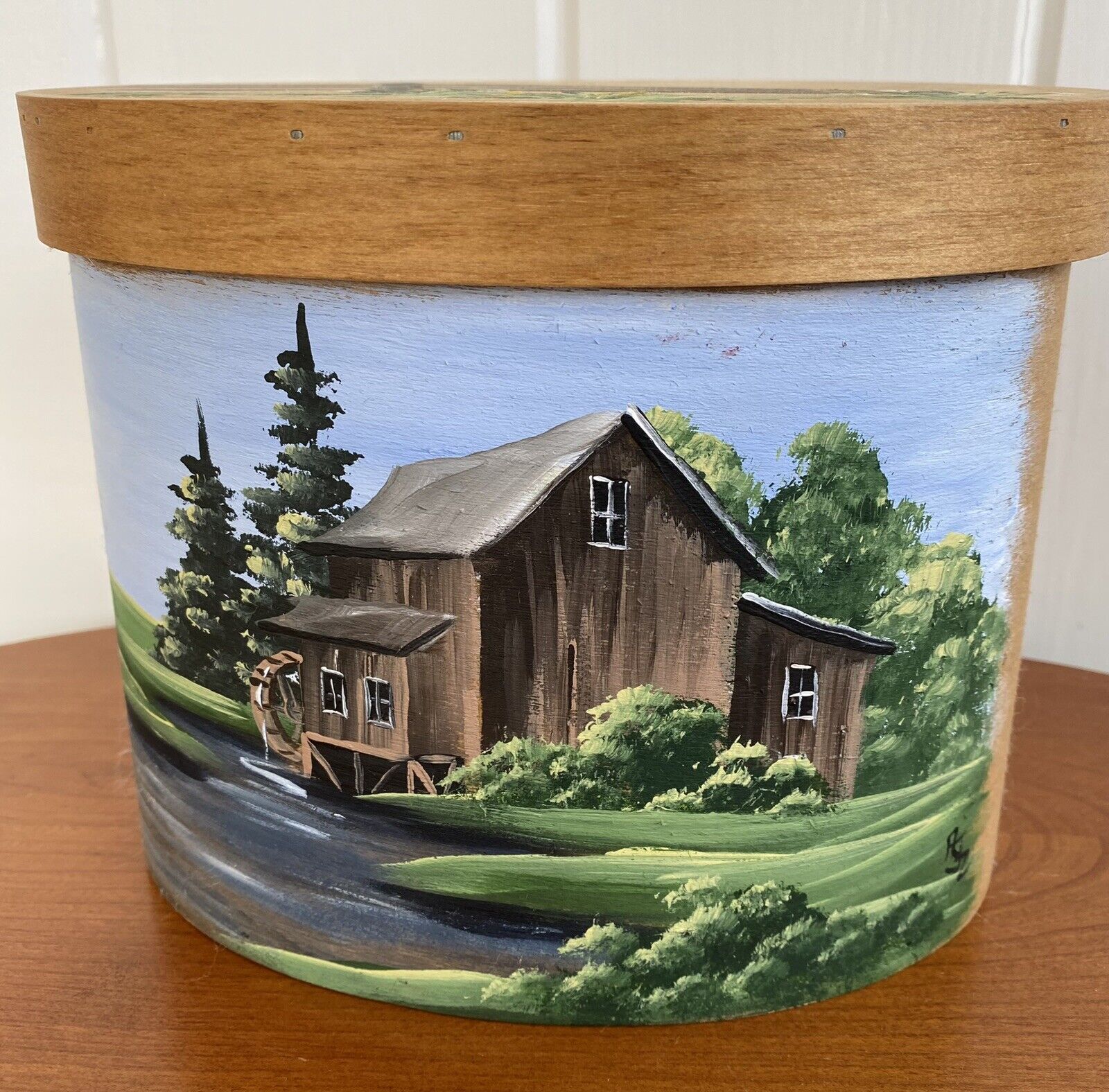Vintage Hand Painted Oval Wood Shaker Style BoxGrist Mill Scene Farmhouse Decor