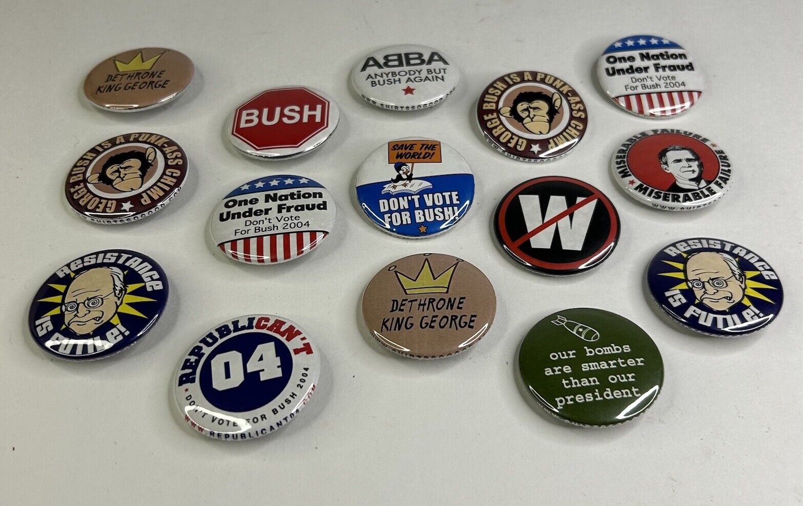 Vintage 2004 Mixed Lot of 15 1” Anti George W. Bush for President Campaign Pins