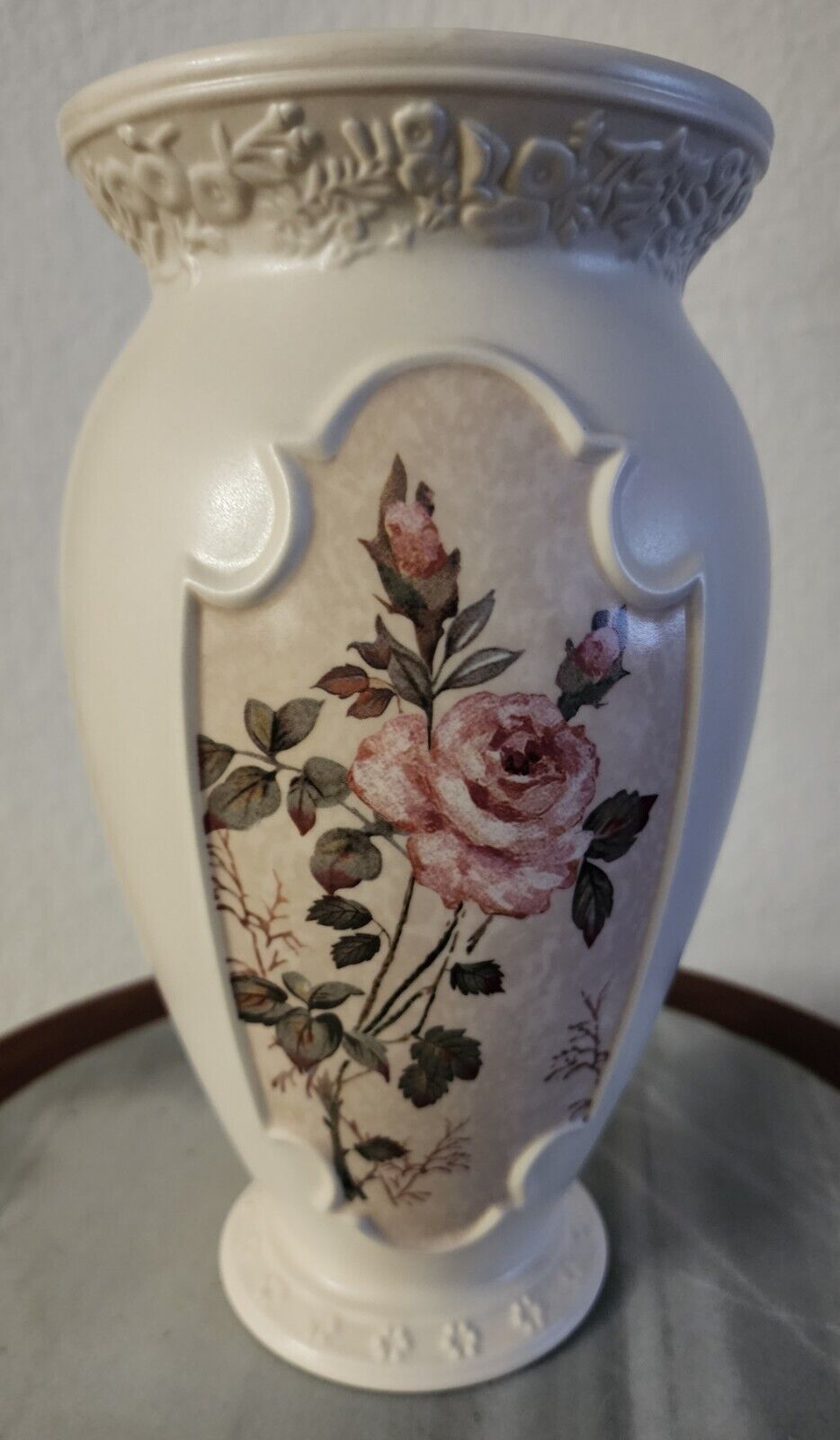 Vintage FTD Off White Vase with Rose Floral Design 9.5\