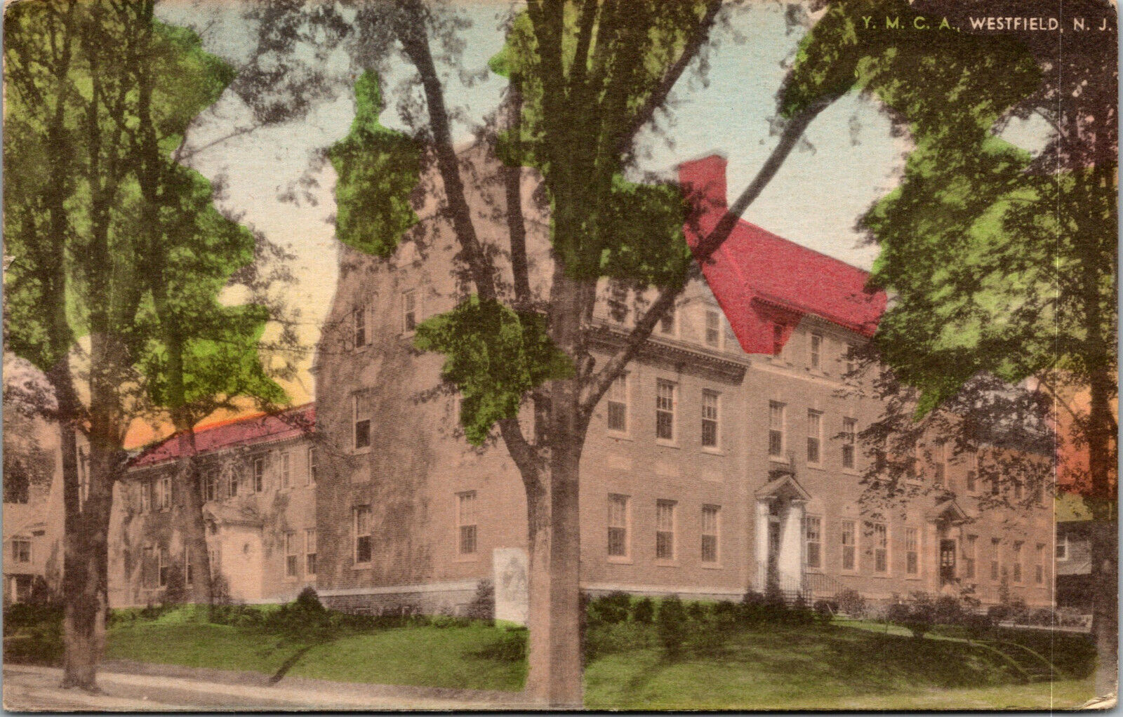 Vtg Westfield New Jersey NJ YMCA Building 1930s Unused Hand Colored Postcard