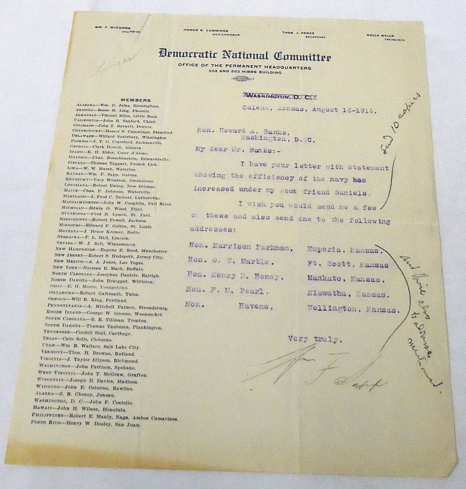 1916 Democratic National Committee SIGNED letter ~ WILLIAM F. SAPP, KANSAS DNC