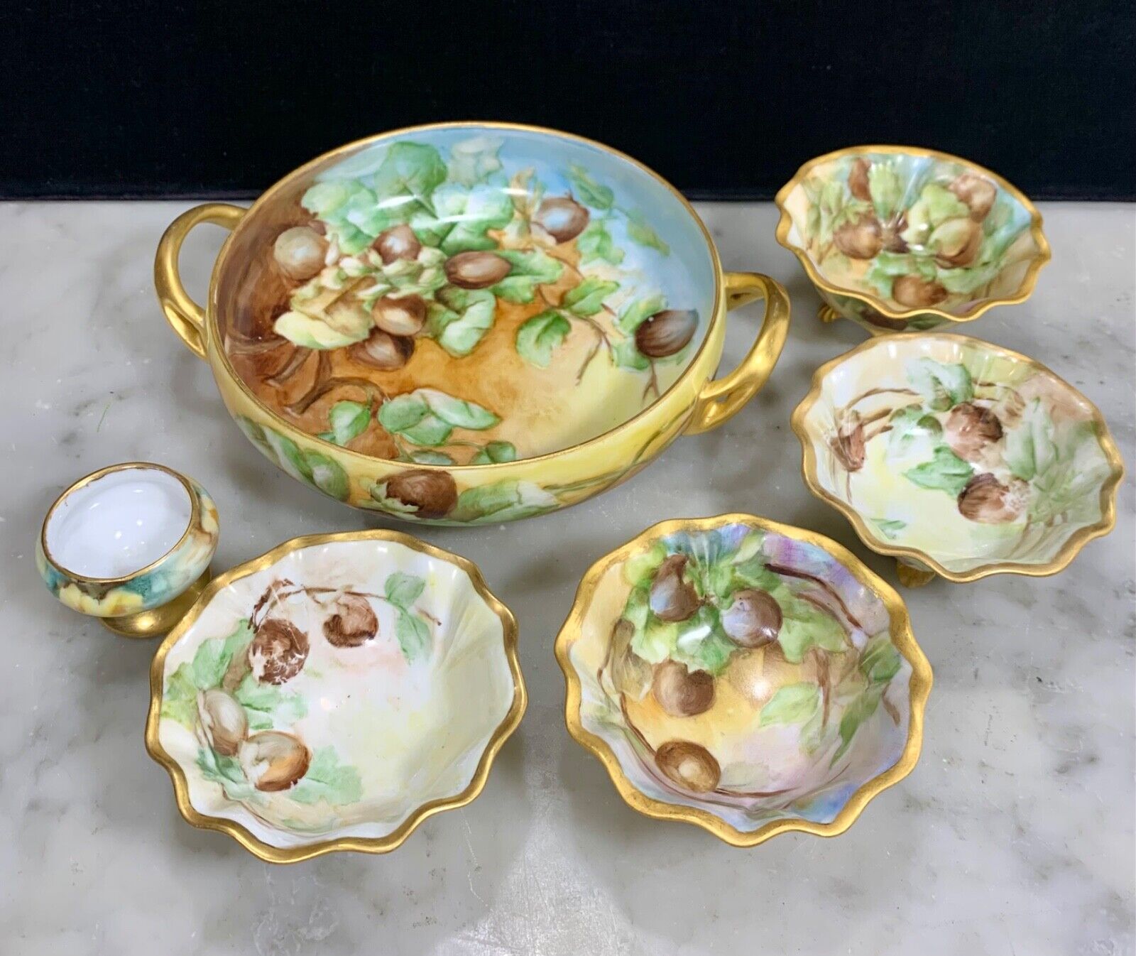 Vintage/Antique Bavarian Porcelain Footed Hand Painted Nut Leaves Bowls set 5