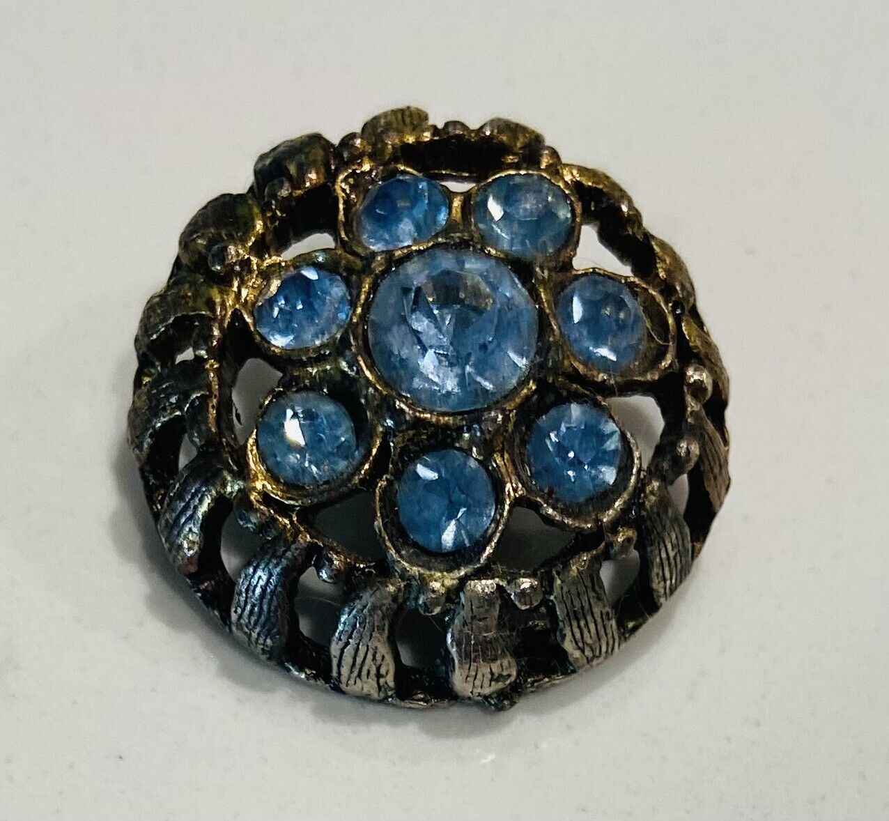 Vintage 1950s Blue Rhinestone Collectible Domed Filigree Button Goldtone