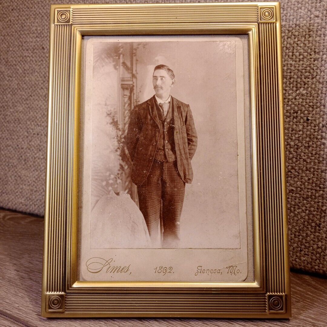 MCM Brass Frame Antique Cabinet Card Portrait Photo 1892 8.5