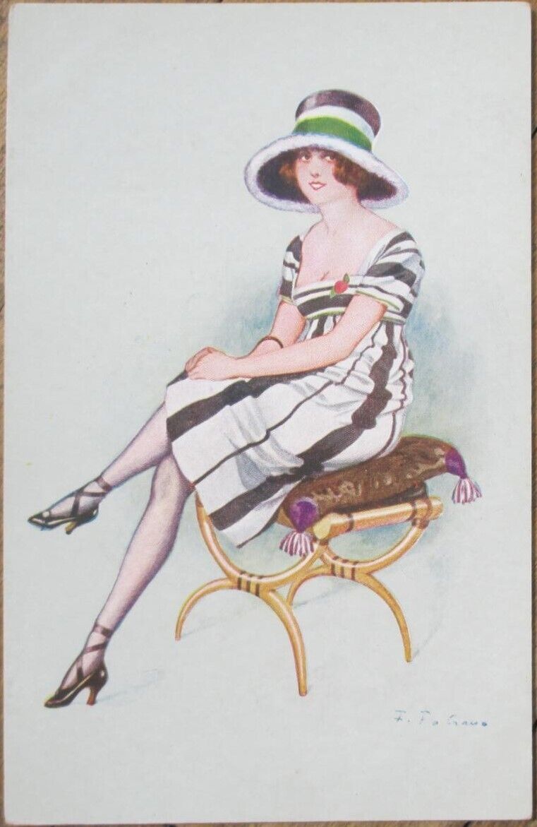 Risque 1920 French Postcard, Fabiano Artist Signed, Art Deco Seated Woman