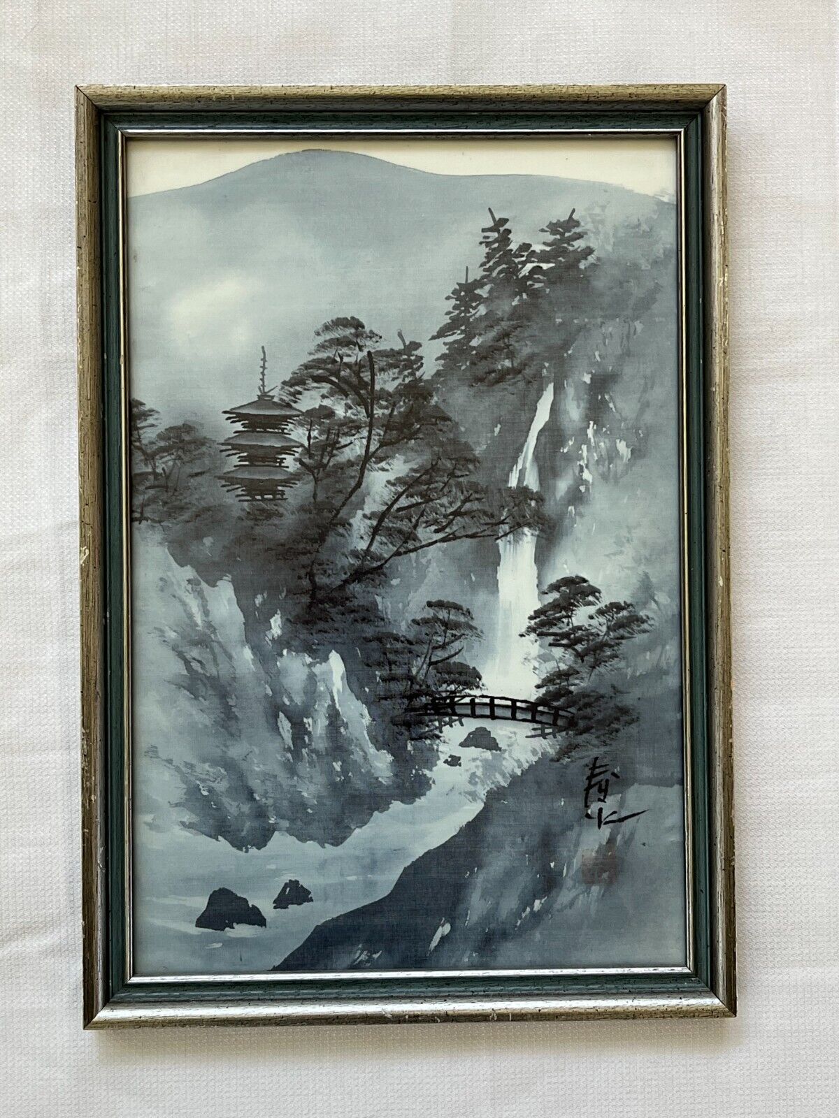 Vintage original Chinese Water-ink painting on silk landscape signed framed