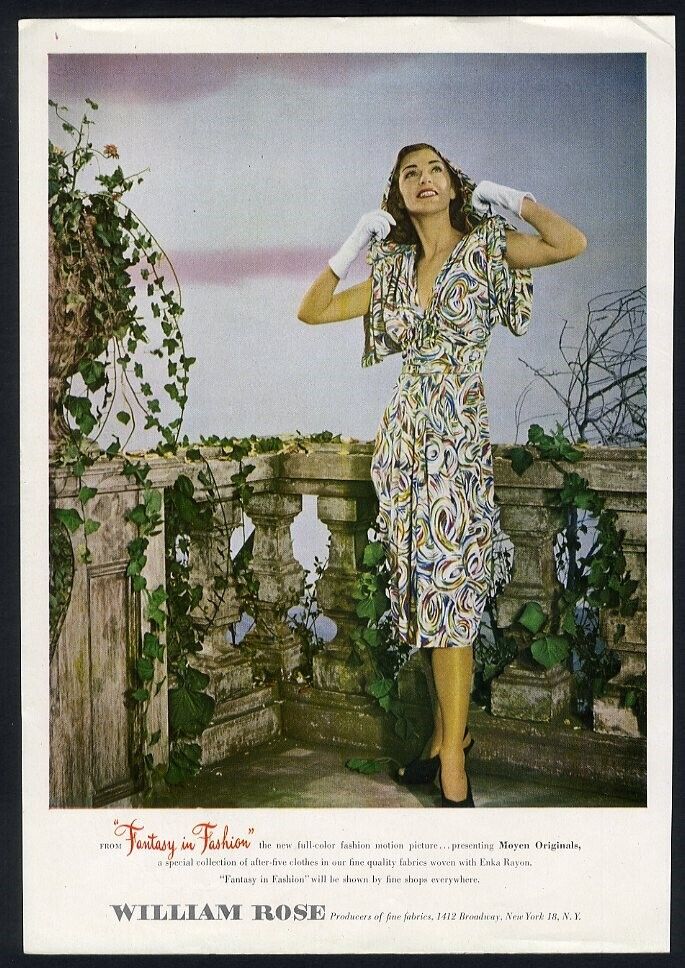 Dress Fashion Ad 1947 WILLIAM ROSE Fabrics Dress Full Color Page Forties Style