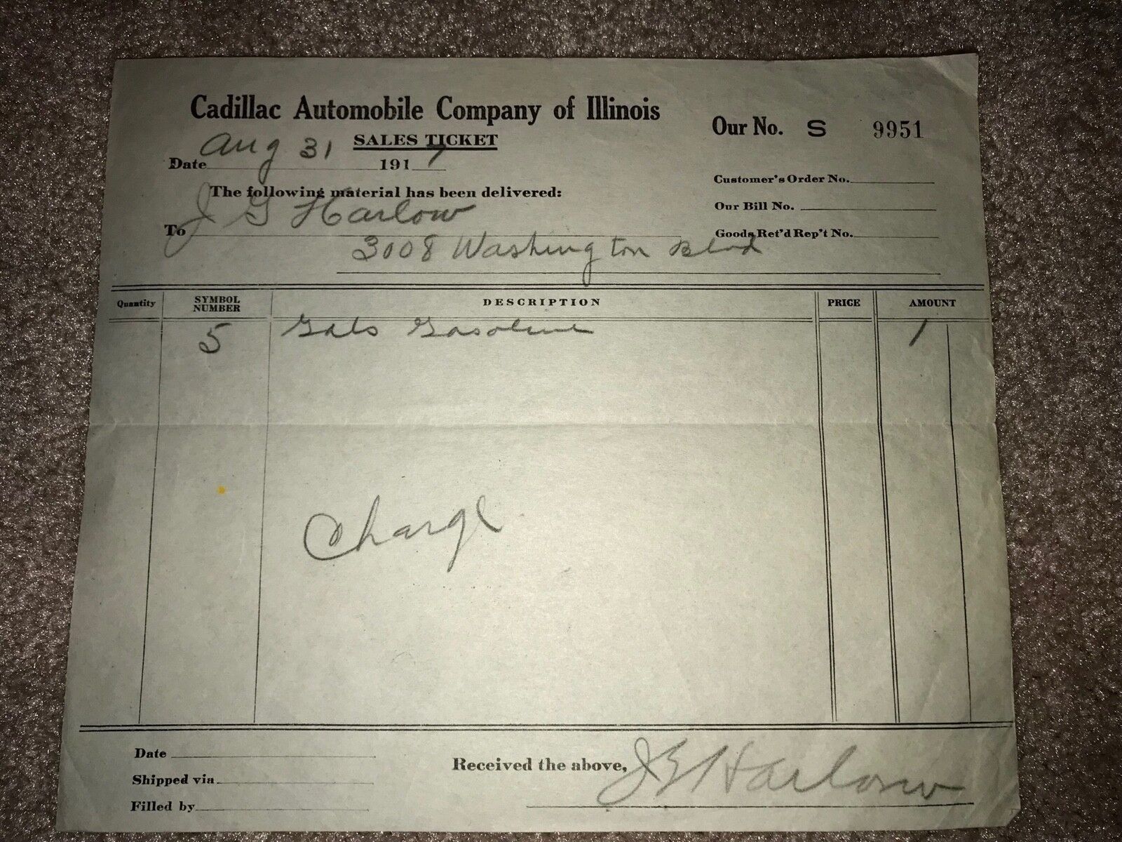 Vintage 1917 Cadillac Automobile Co. of Illinois paper ad sales receipt