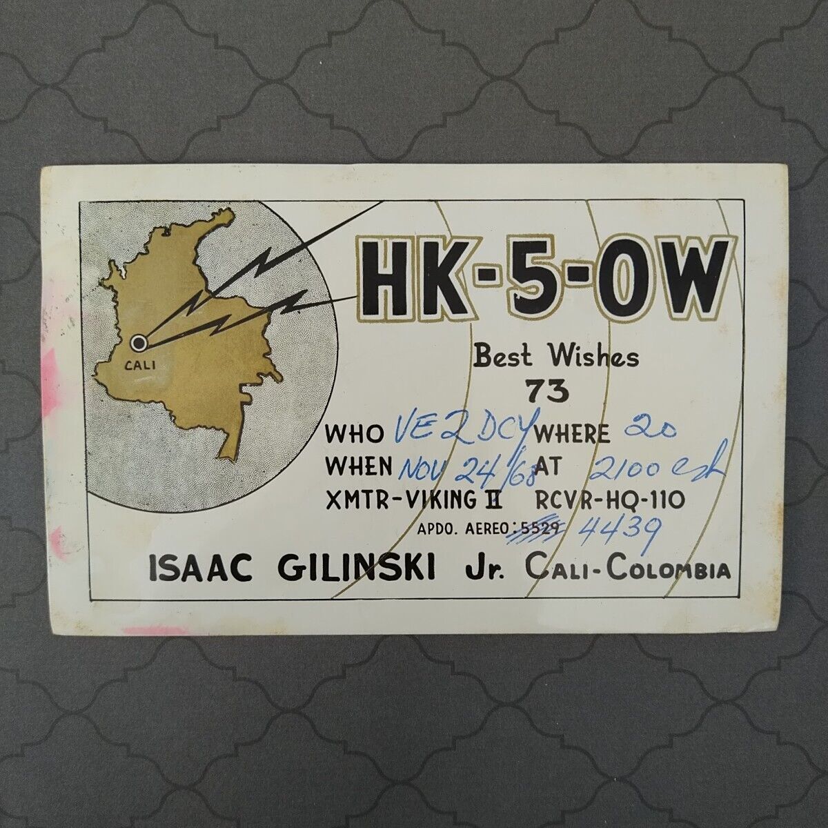 1968 QSL CARD HK-5-OW CALI, COLOMBIA