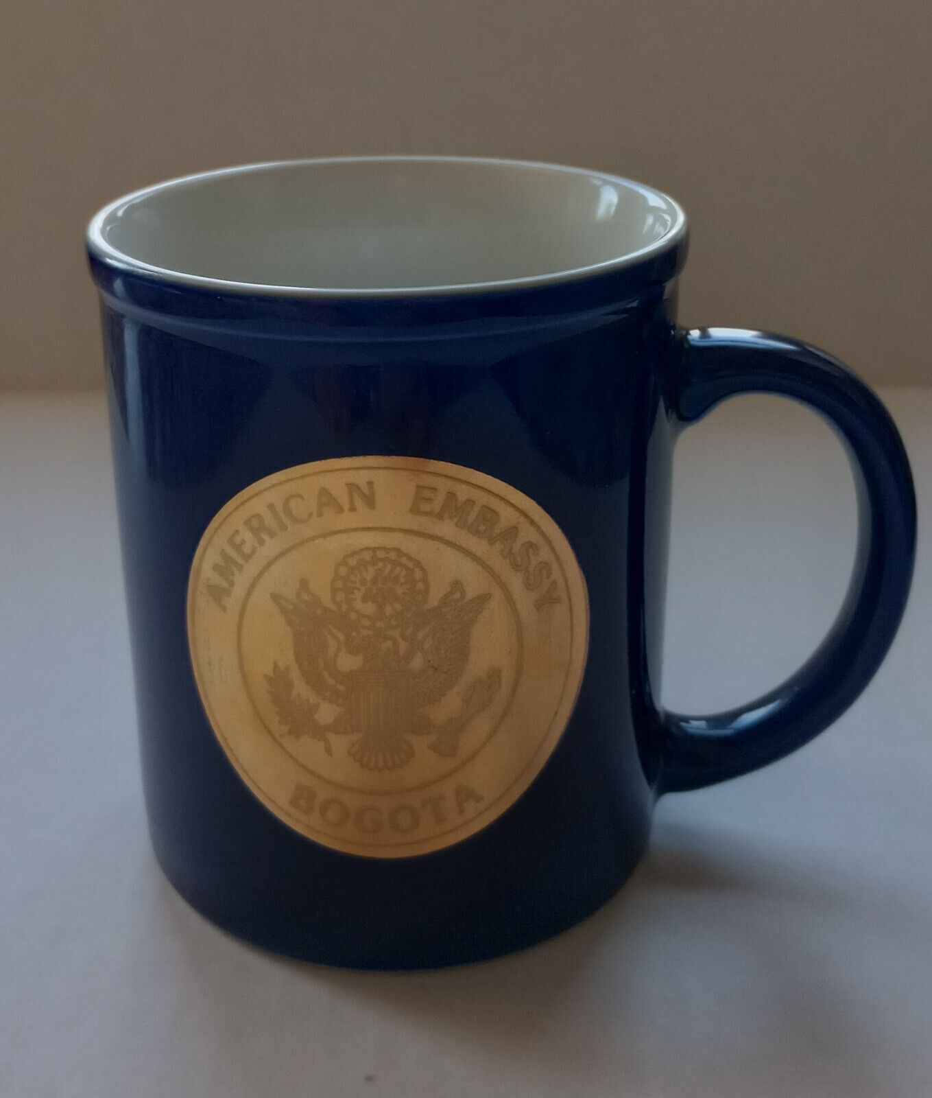 American Embassy Bogota Columbia Coffee Cup/Mug Blue with Gold Logo Eagle Seal