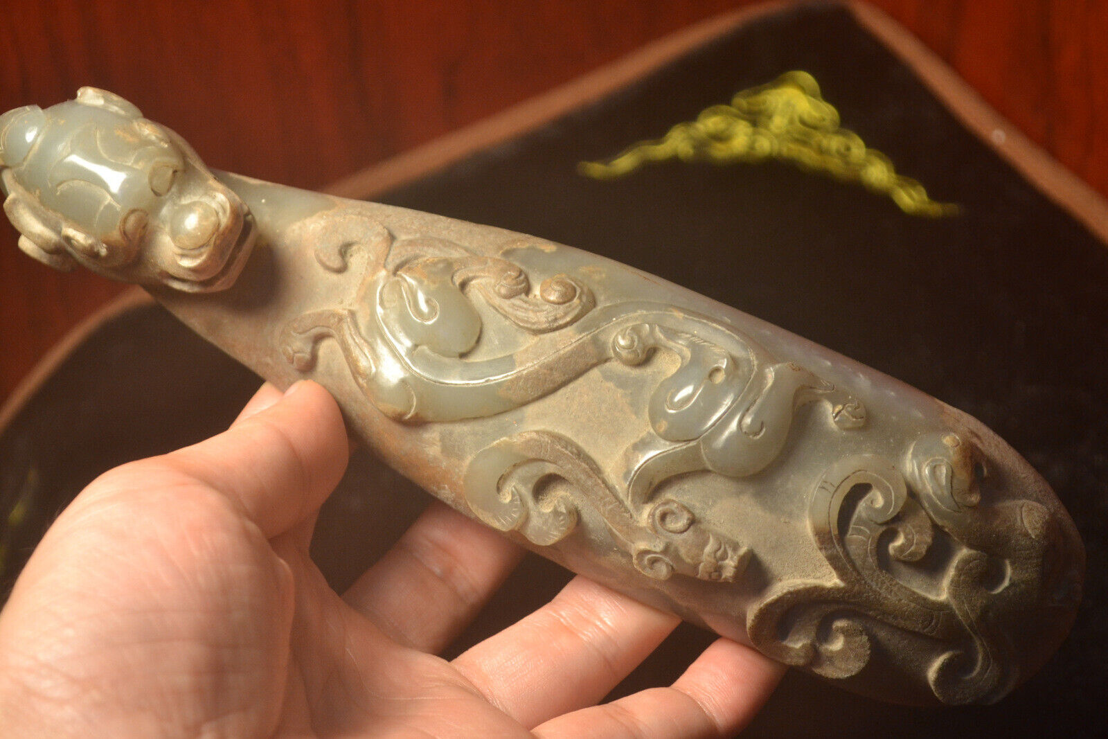 Chinese Antique Old Hard Jade Dragon Head Huge Ruyi Hook Totem Carving Best Buy