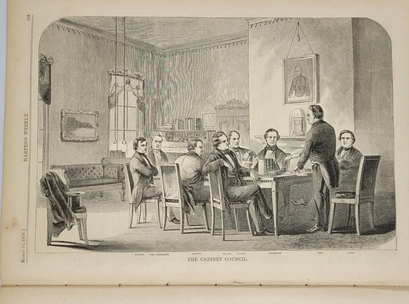 Harper\'s Weekly 3/13/1858 President Buchanan reception + cabinet/ 2nd Opium War