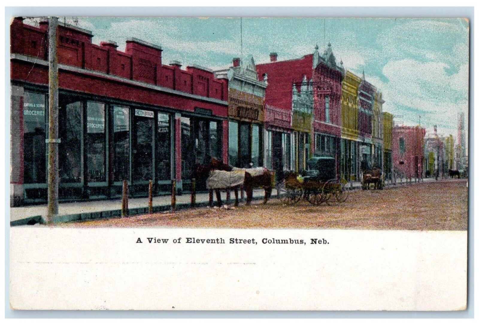 1910 View Eleventh Street Buildings Horse Carriage Columbus Nebraska NE Postcard